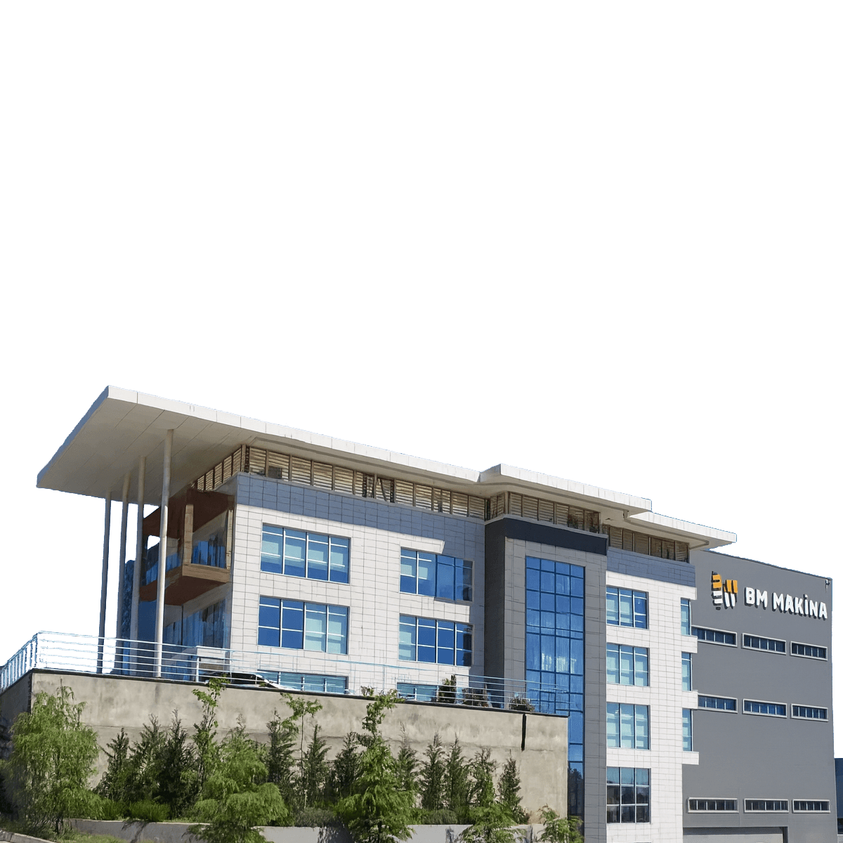 BM Makina Gebze, Kocaeli'deki modern üretim tesisimizin ofisi ve fabrikanın dış cephesi
